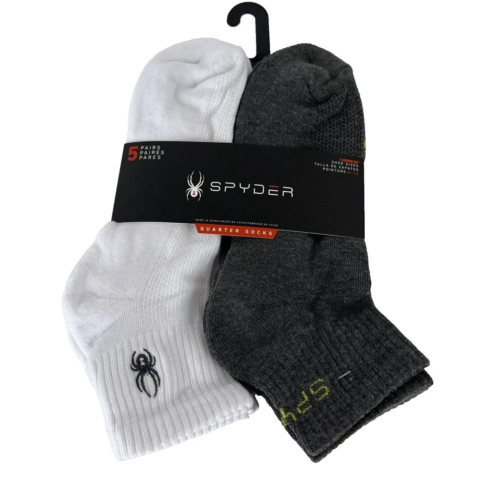 NEW Spyder Men Mesh Quarter Socks 5 Pairs White Black Shoe Size 6 -12 Absorb Tek